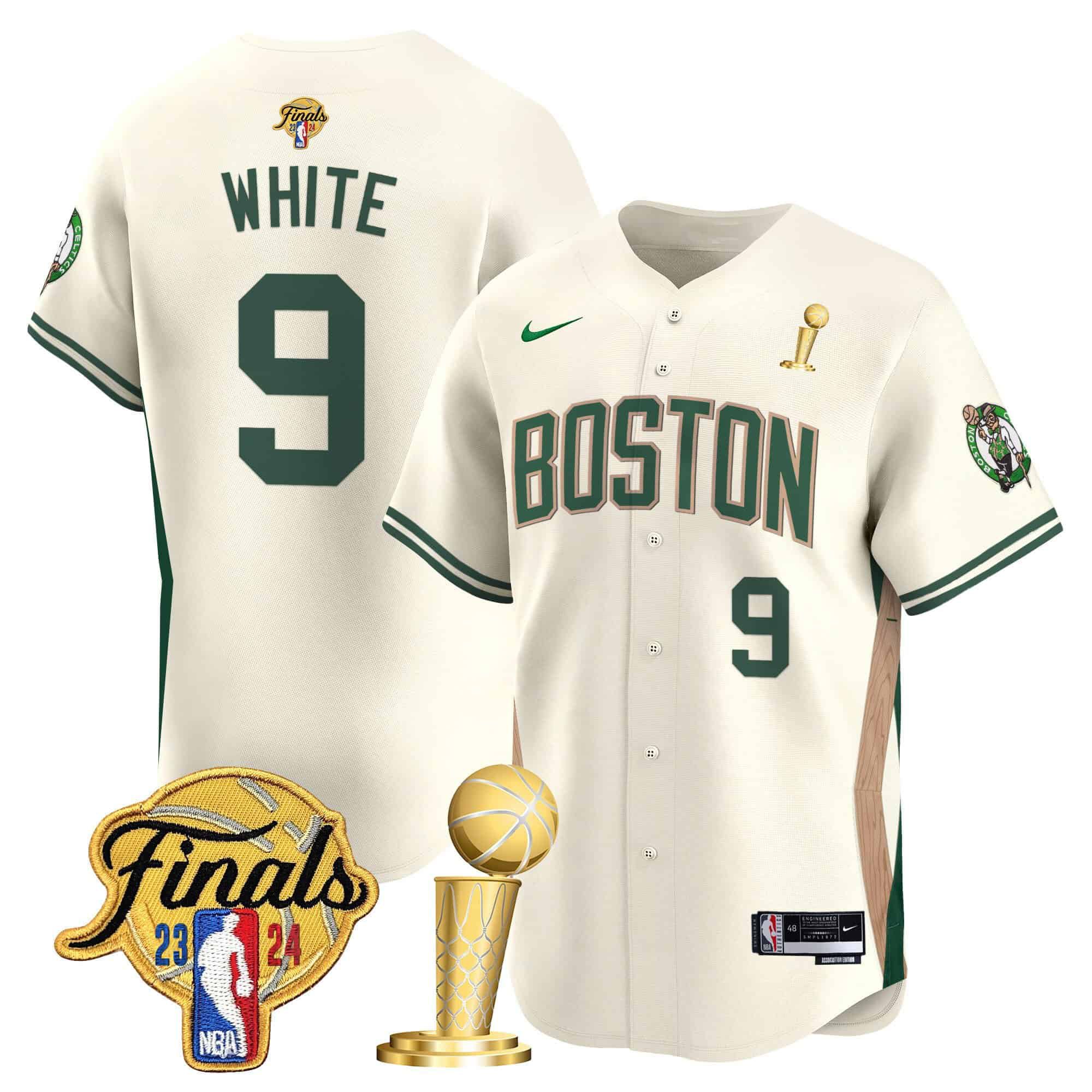 Men Boston Celtics 9 White Cream 2024 Nike Final & Champions Patch Baseball NBA Jersey